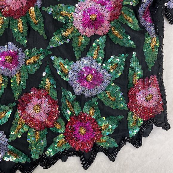 VINTAGE Scala Silk Top Womens 1X Magenta Black Green Floral All Over Sequin - Picture 10 of 11